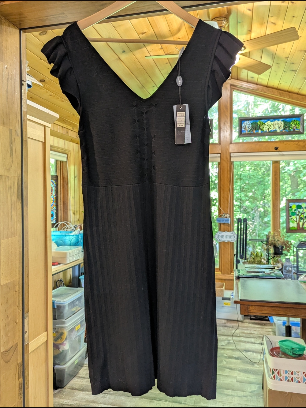 NWT Belldini Black V-Neck Knit Dress with Ruffled Cap Sleeves